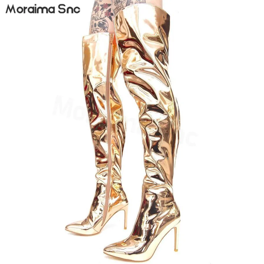 Golden Patent Leather Shiny Boots Pointed Toe Stiletto High-Heel Catwalk Nightclub Women's Boots Fashion Over-The-Knee Boots