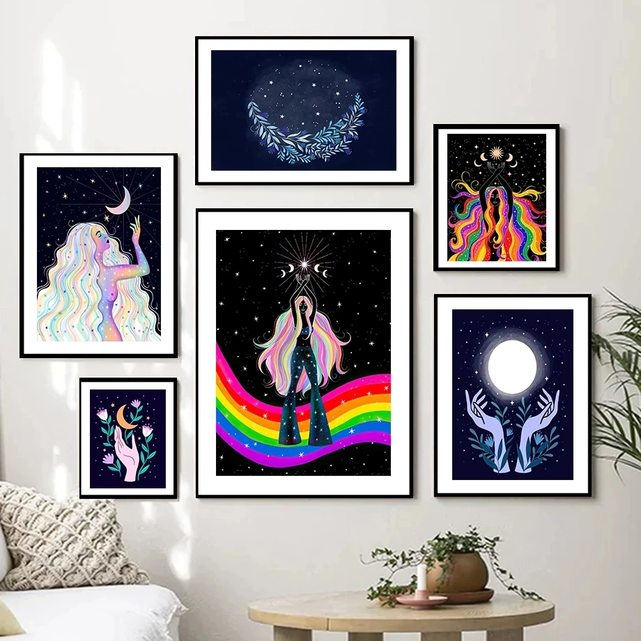 

Abstract Witch Witchcraft Hair Moon Sun Wall Art Canvas Painting Nordic Posters And Prints Wall Pictures For Living Room Decor