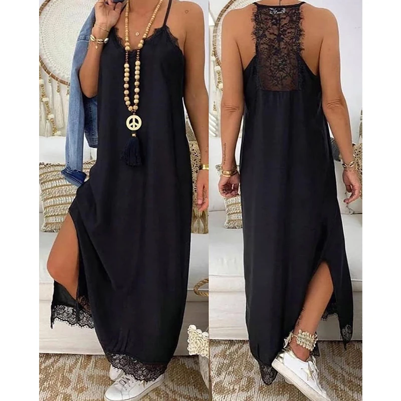 

Fashion Women Sexy Sleeveless Contrast Lace V-Neck Sling Dress Solid Color Lace Trim Spaghetti Strap Maxi Dress