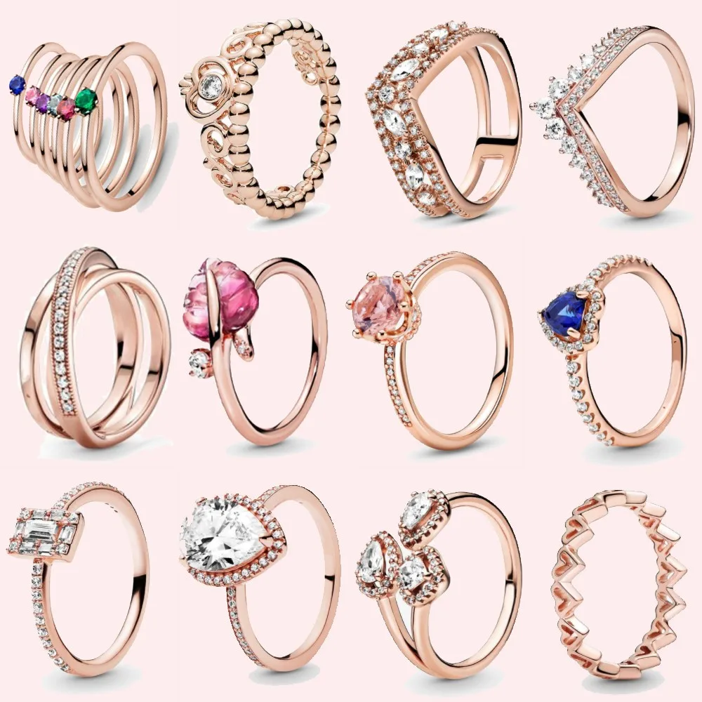 

MYBEBOA Authentic 925 Sterling Silver Rose Golden Women Princess Tiara Crown Sparkling Love Heart ,CZ Rings Engagement Jewelry