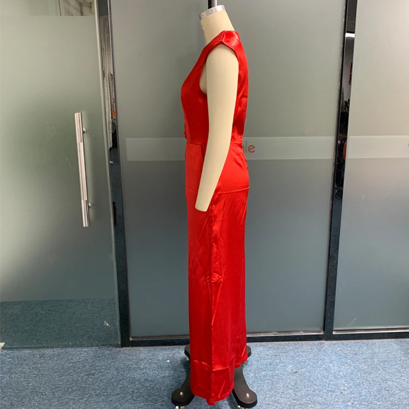 EVERBELE Women Jumpsuit Casual Wide Leg Trousers O Neck Sexy Bare Waist Solid Color Fashion Hollow Sleeveless High Street