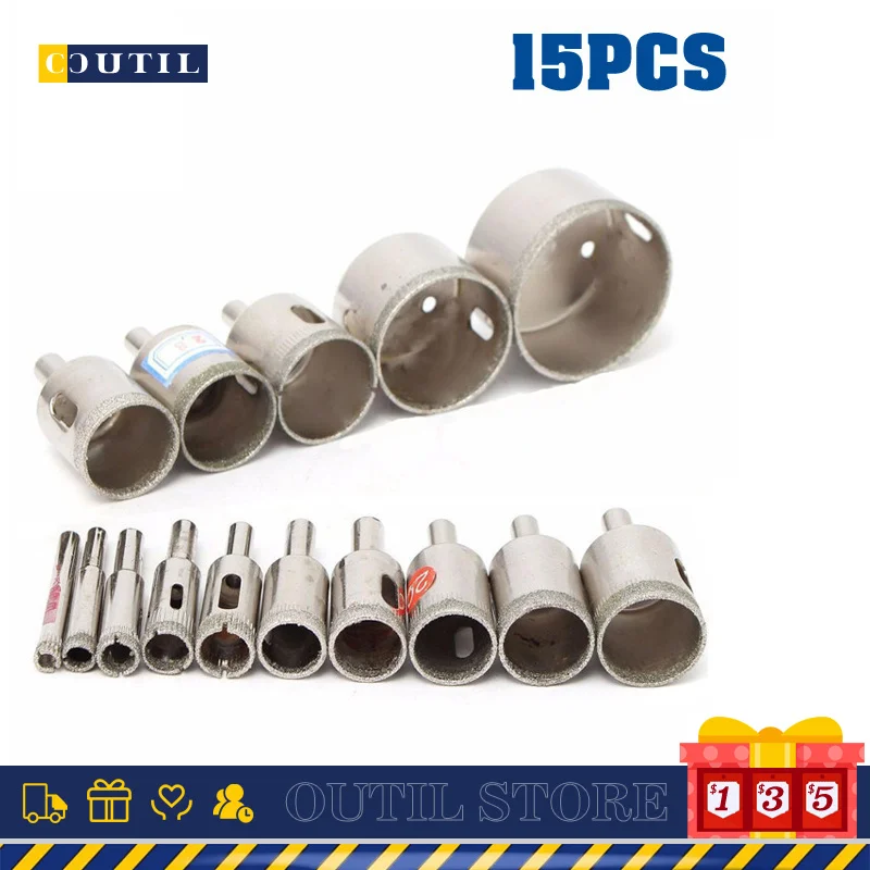 

15pcs 6mm-50mm Diamond Drill Bits Coated HSS Drill Bit Tile Marble Glass Ceramic Hole Saw Drilling Bits Extractor Remover Tools