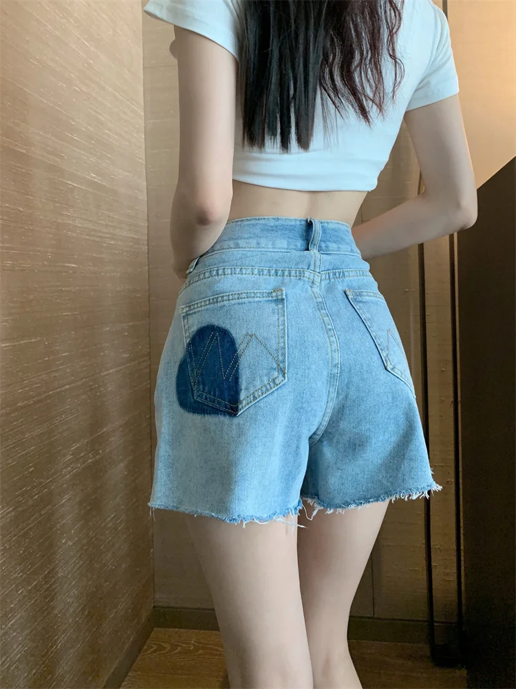 

Retro Love Contrast High Waist Women's Denim Shorts Side Slit Loose Thin Short Jeans Feminino Summer Korean Streetwear Women