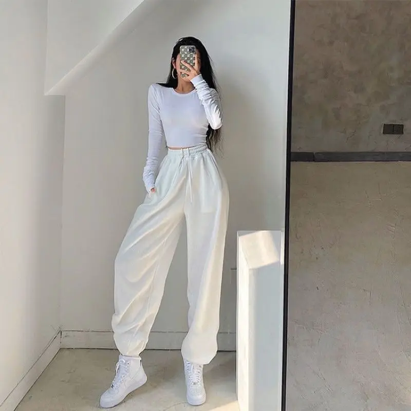 

American Style White Sweatpants Women Spring Autumn Draw Rope Bundle Foot Haren Pants Loose High-waisted Trousers Hip-pop Pants