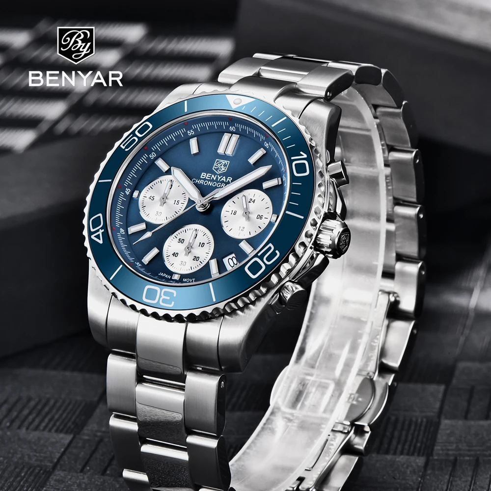 Enlarge BENYAR Mens Watches 2023 Top Brand Luxury Quartz Wristwatches Sports Stainless Steel Sapphire Glass Luminous Clock Reloj Hombre