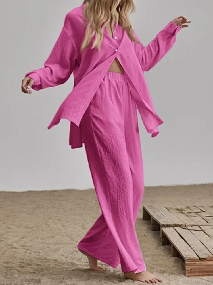 

Wide Leg Pants Suits Female New Fashion Outfit Casual Loose Solid Two Piece Sets Women Elegant Turndown Collar Cardigan Tops And