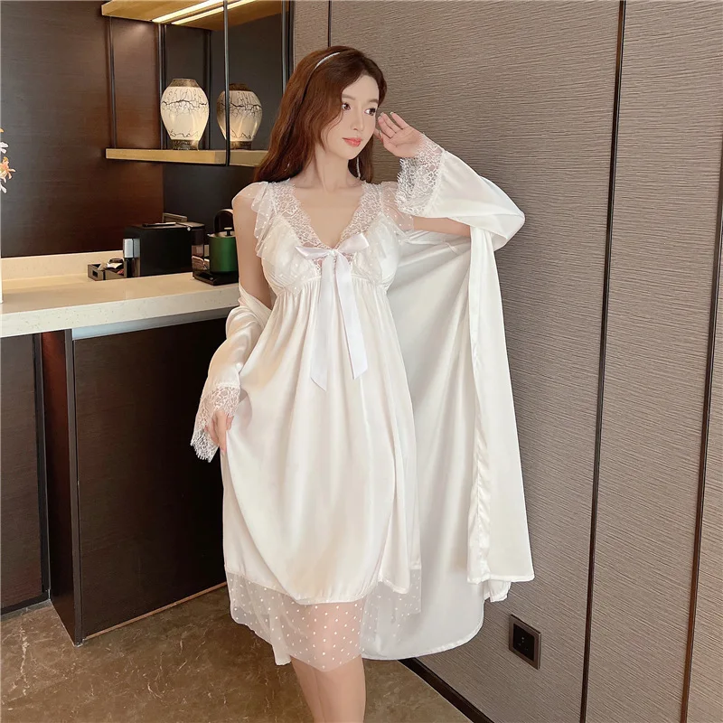 Sexy Nightwear Gown Set Women 2PC Pyjama V-Neck Pajamas Silky Sleepwear Spring Lady Sleep Suit Robe Wear Home Negligee Homewear