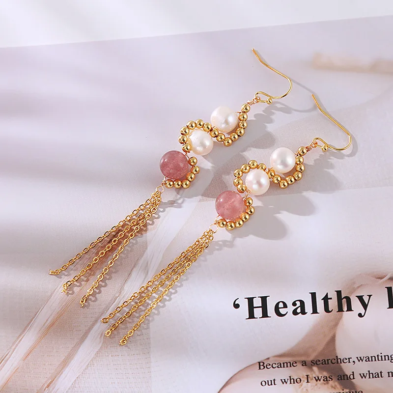 Женские серьги-подвески с натуральным пресноводным жемчугом и клубничным