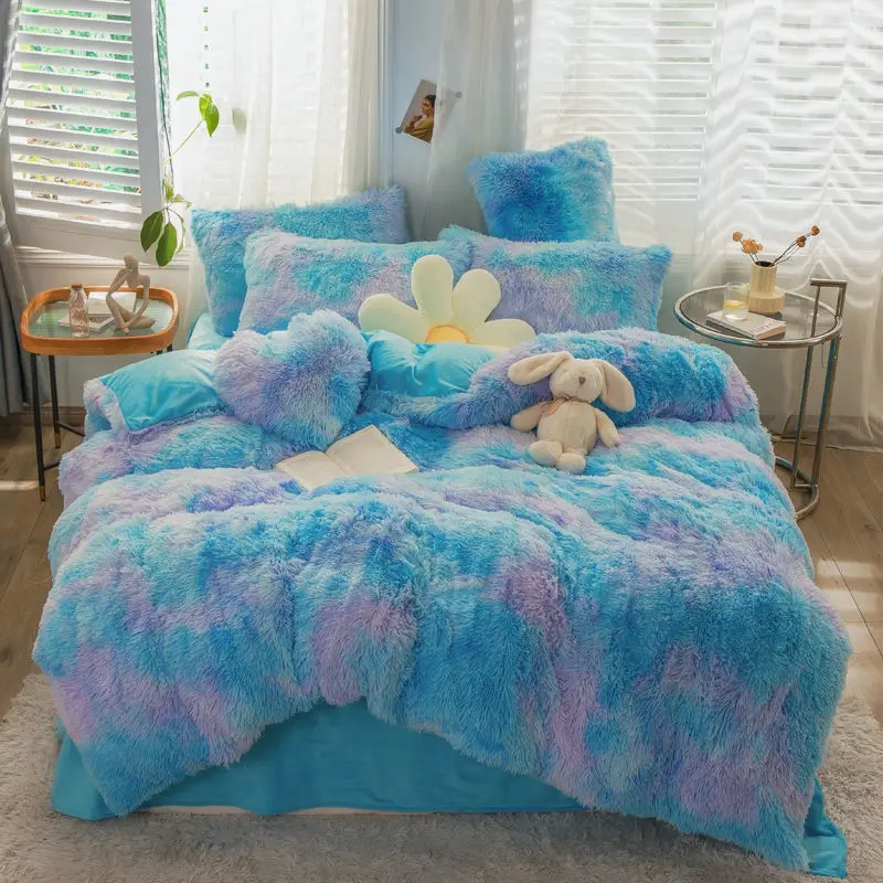 

Luxury Plush Solid Color Furry Warm Fleece Girl Bedding Set Mink Fleece Home Double Duvet Cover Sheet Pillowcase
