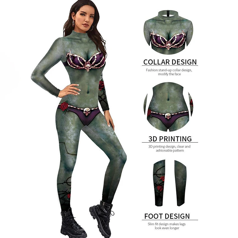 

Женский комбинезон с длинным рукавом и 3D-принтом черепа