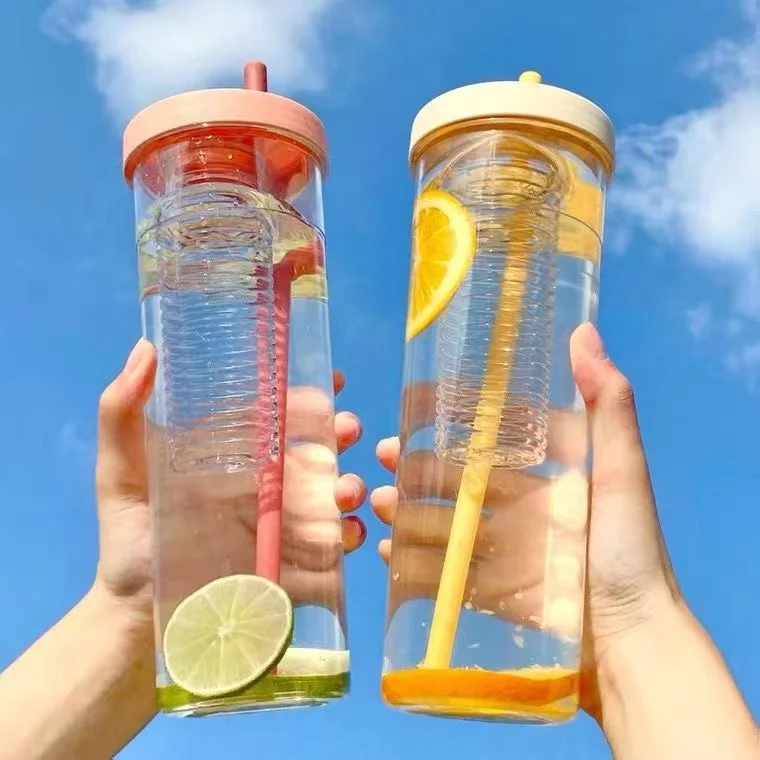 

700ML Folding Straw Cup Transparent Large Capacity Water Bottles Portable Juice Cups Lemon Filter Cute Drinking Bottle for Girl