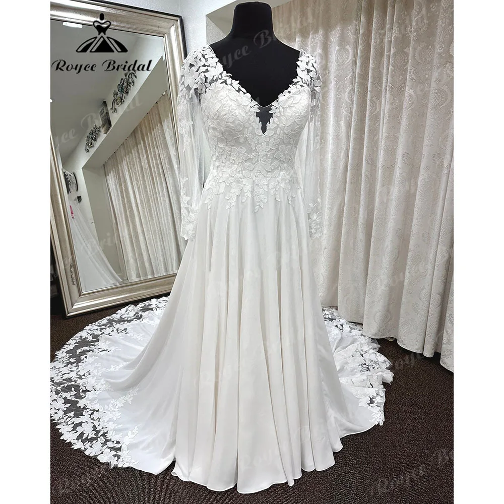 Женское свадебное платье с V-образным вырезом длинным рукавом