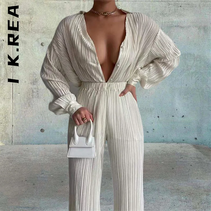 

I K.Rea Women Set New Chic Tracksuit Womens Pants Sets Pleated Notched Single-Breasted Pants Sets Women's Tracksuit Set