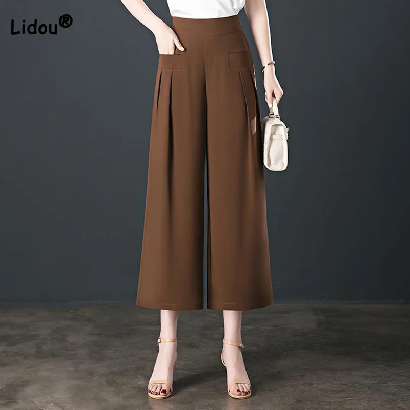 

Vintage Solid Loose Nine Points Trousers High Waist Patchwork Pockets Women's Spring Summer Casual Versatile Wide Leg Pants