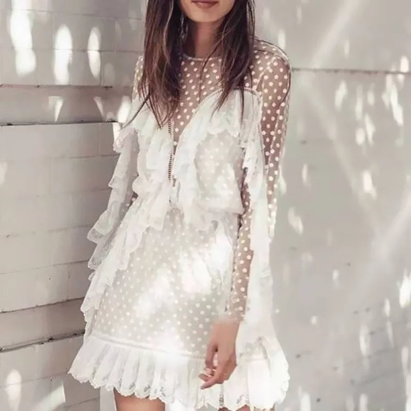 

Women Sexy Elegant Party Formal Dress Summer Dress Women Lace Embroidered Mesh Openwork See-through Long-Sleeve O-Neck Dress