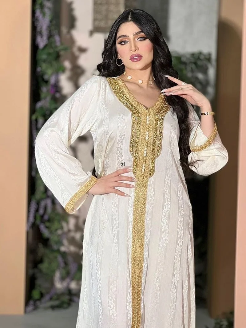 Diamonds Kaftan Evening Long Dress for Women Satin Muslim Dubai Abaya+Inner Robe Set Moroccan Party Caftan Gulf Jalabiya White