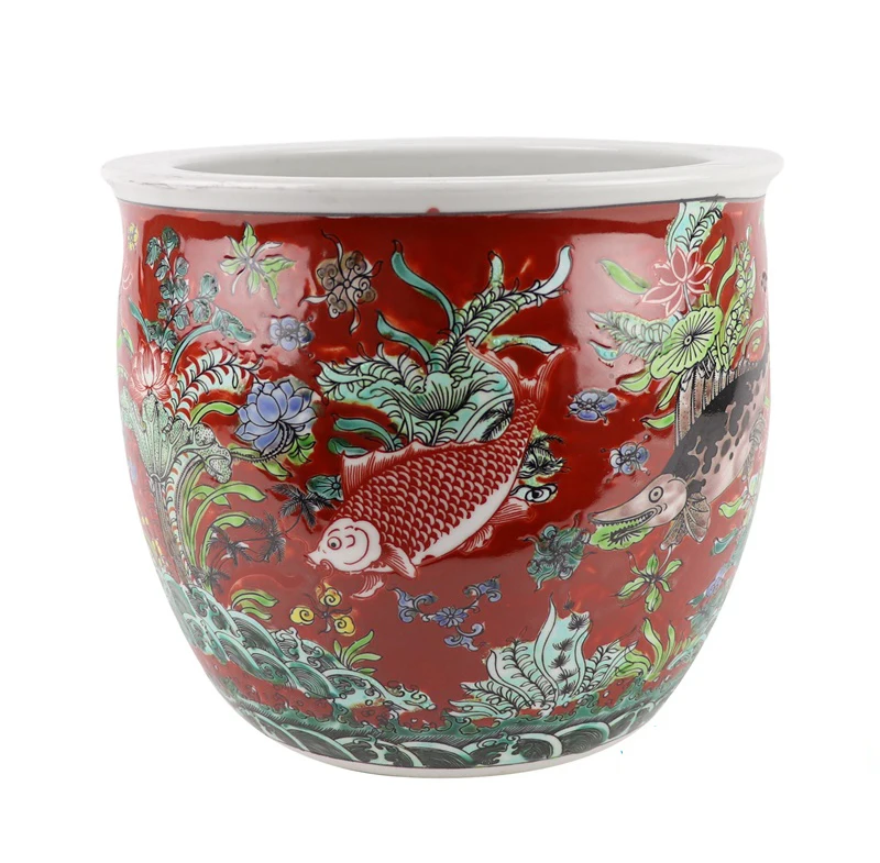 

Antique Famille Rose Fish Pattern Large Red Ceramic Outdoor Planters