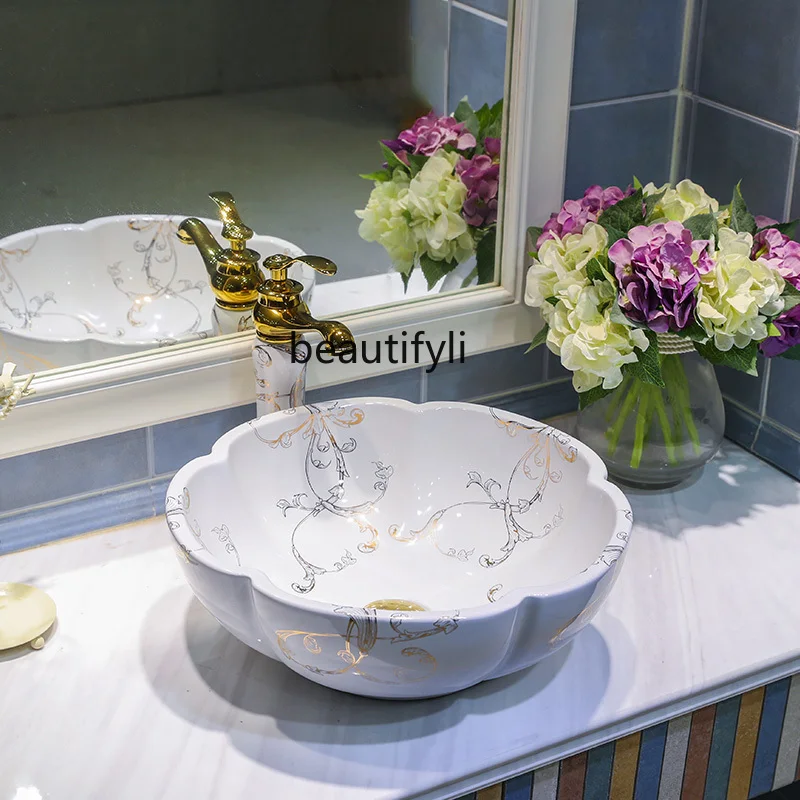 

yj European Style Table Basin Super Large Oval Jingdezhen Ceramic Washbasin Art Inter-Platform Basin Wash Basin