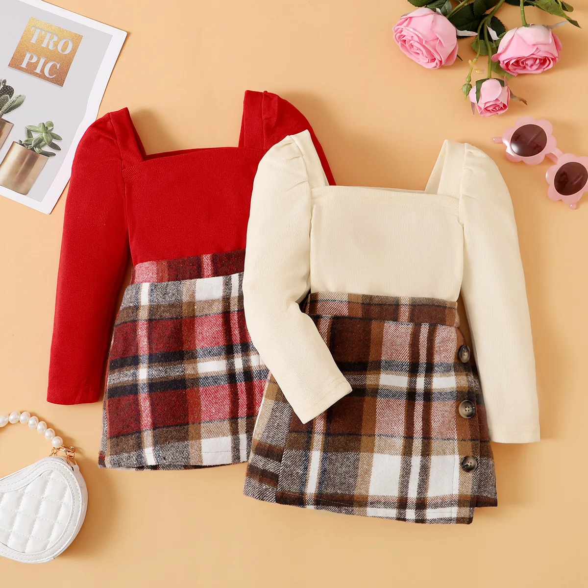 Autumn Baby Girls Full Sleeve Patchwork Palid Skirt + Square Collar Blouses 2 Pcs Suit Spring Toddler Girl Set Kids Clothes 2-7Y