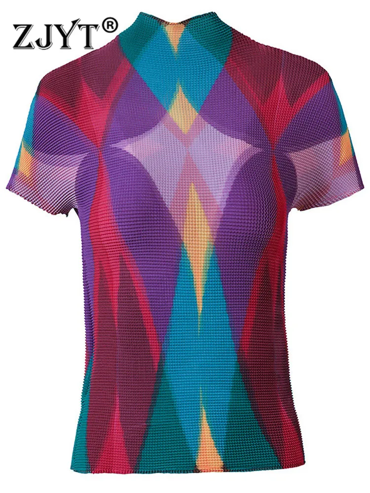 

ZJYT 2022 Summer Folds Multicolor Print T Shirt for Women Short Sleeve Elastic Slim Tees and Tops Casual Style Female T-Shirts