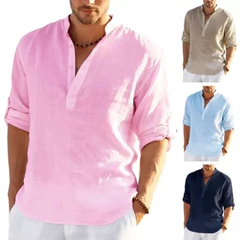 NEW IN New Men's Linen Long Sleeve Shirt Solid Color Casual Long Sleeve Cotton Linen Shirt Tops Size S-5XL 2
