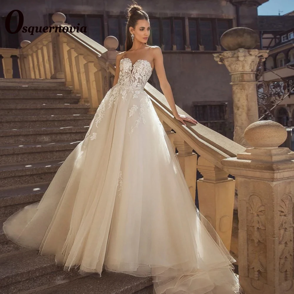 

Osquernovia Classic A-line Wedding Gowns 2023 Brides Sweetheart Appliques Backless Sweep Train 2023 Tulle Vestido De Noiva