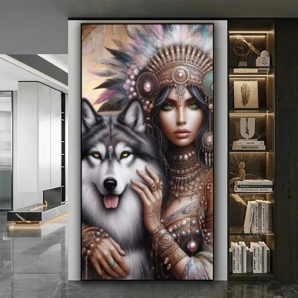 Волки и индийские женщины Набор алмазной живописи с полными квадратными