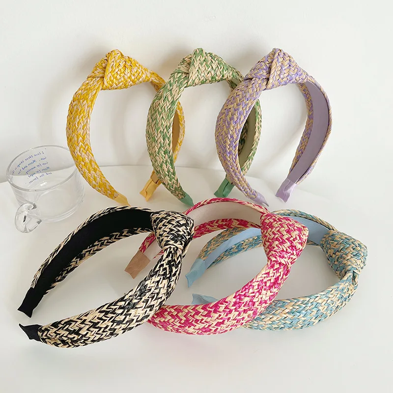 

Vintage Knotted Handmade Braided Headband Summer Straw Weaving Wide Hairband For Women Hair Hoop Hair Accessories Headwear