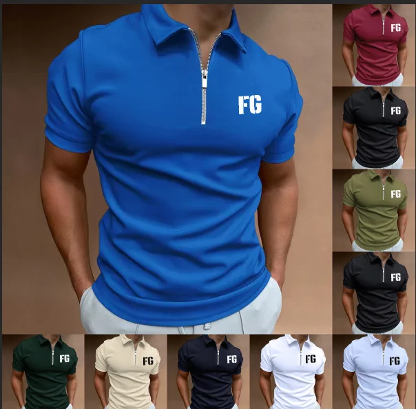

Cross border 2023 Summer Men's Polo Shirt Solid Color Printed Short Sleeve Zipper Polo Neck T-shir
