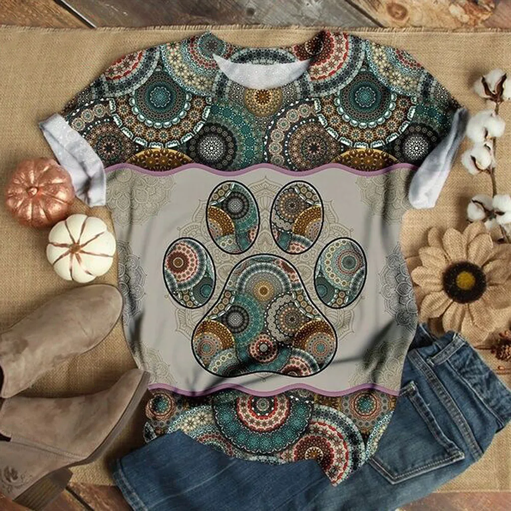 

Summer fashion layered digital print fashion round neck short sleeve T-shirt woman