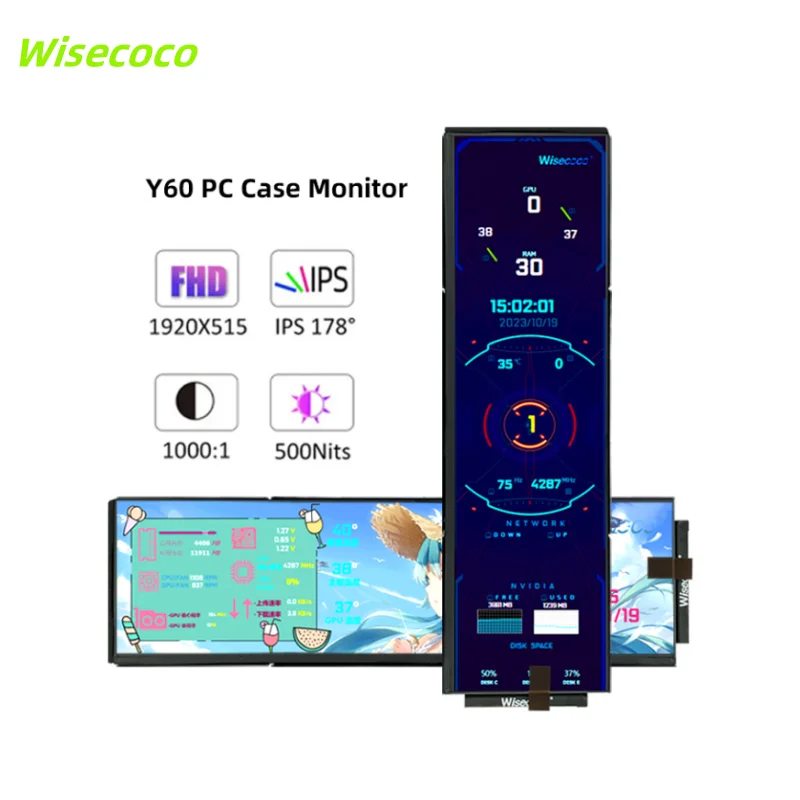 Портативный монитор Wisecoco 12,6 дюйма для ПК, геймеров, дополнительный ЖК-дисплей, скорость ЦП, GPU, температура для HYTE Y60 чехол NV126B5M