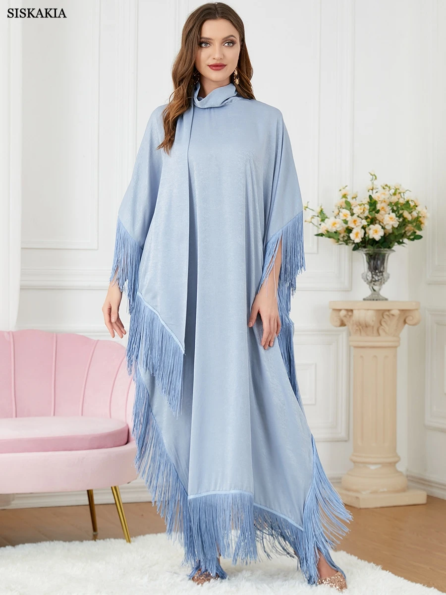 

Женское мусульманское платье с рукавами «летучая мышь» Abaya, повседневное Свободное платье с воротником под горло и асимметричным подолом, марокканский плащ-халат, Рамадан