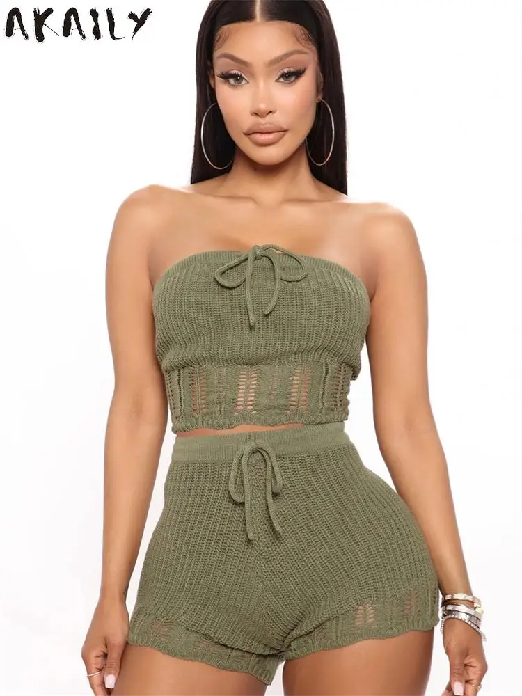 

AKAILY Summer Streetwear Two 2 Piece Set Women Outfits 2022 Knitted Bandage Crop Top White Green Shorts Matching Sets Female