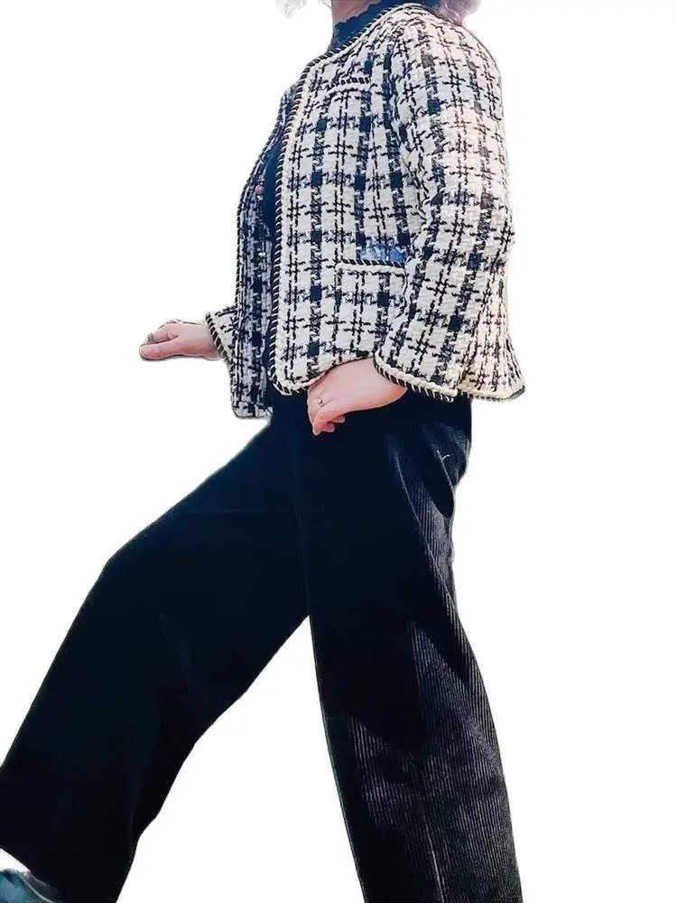 

Женская короткая куртка из твида, универсальная клетчатая повседневная шерстяная куртка с круглым вырезом и длинным рукавом и карманами, верхняя одежда