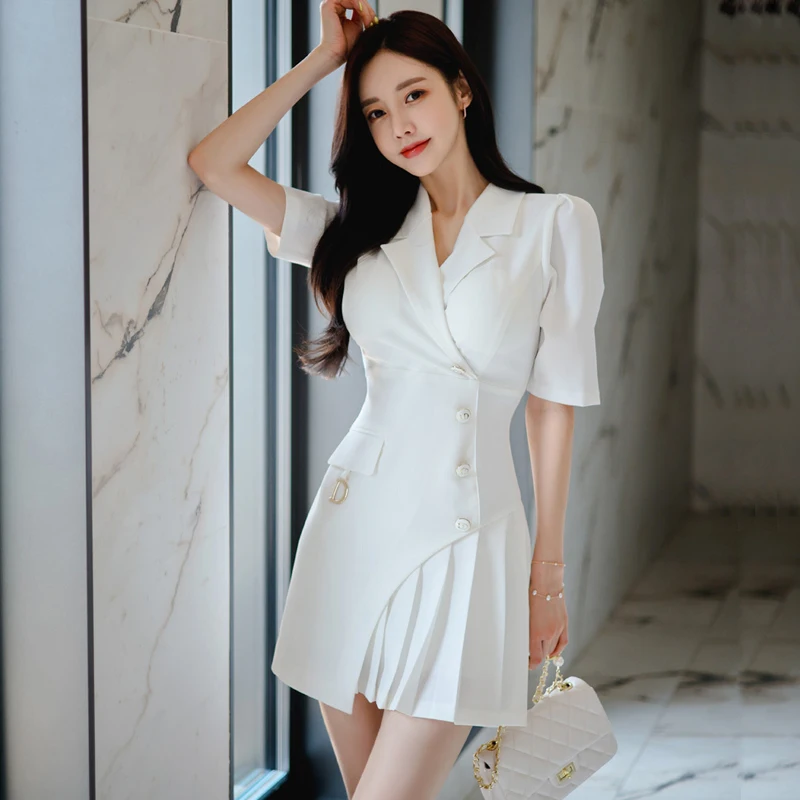 

Women's Summer New High-end Temperament Korean Suit Collar Short Sleeve Slim Fit Stitching Crimping Fashion Professional Dress