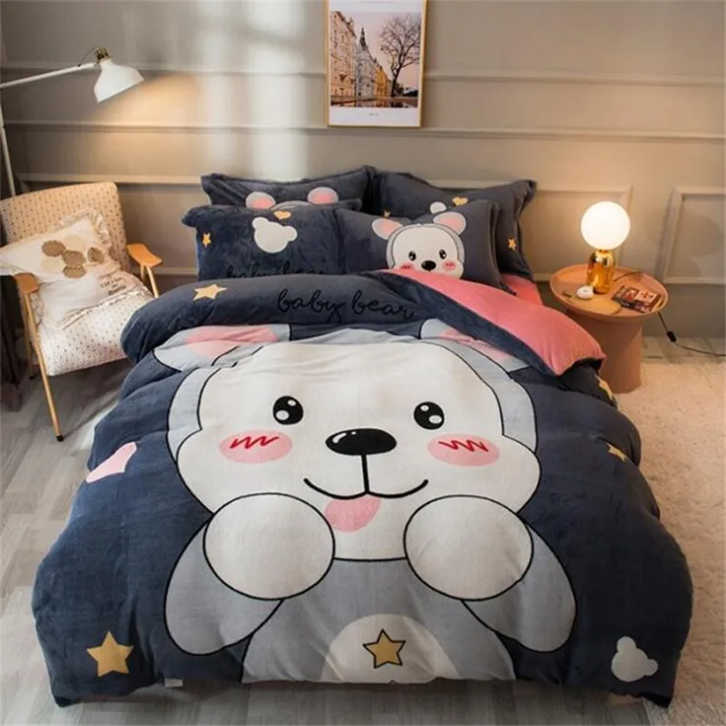 

Factory Sale Crystal Velvet Four-Pieces Winter Thick Warm Solid Color Printed Cartoon Bed Double Quilt Cover Bed Sheet Pillowcae