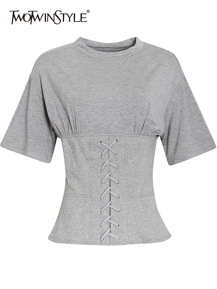 

Женская облегающая футболка TWOTWINSTYLE, Однотонная футболка с круглым вырезом и коротким рукавом, летняя модная одежда