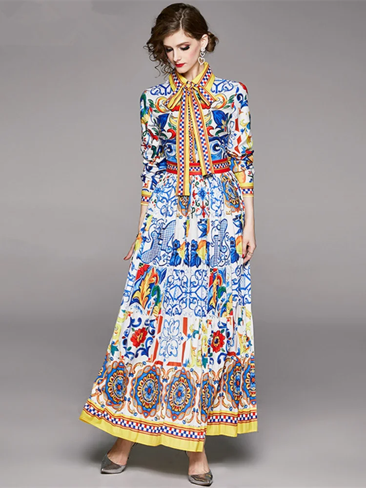 

Runway Pleated Maxi Dresses Women 2023 Summer Autumn Blue And White Porcelain Print Bow Vintage Floor Length Long Party Dress