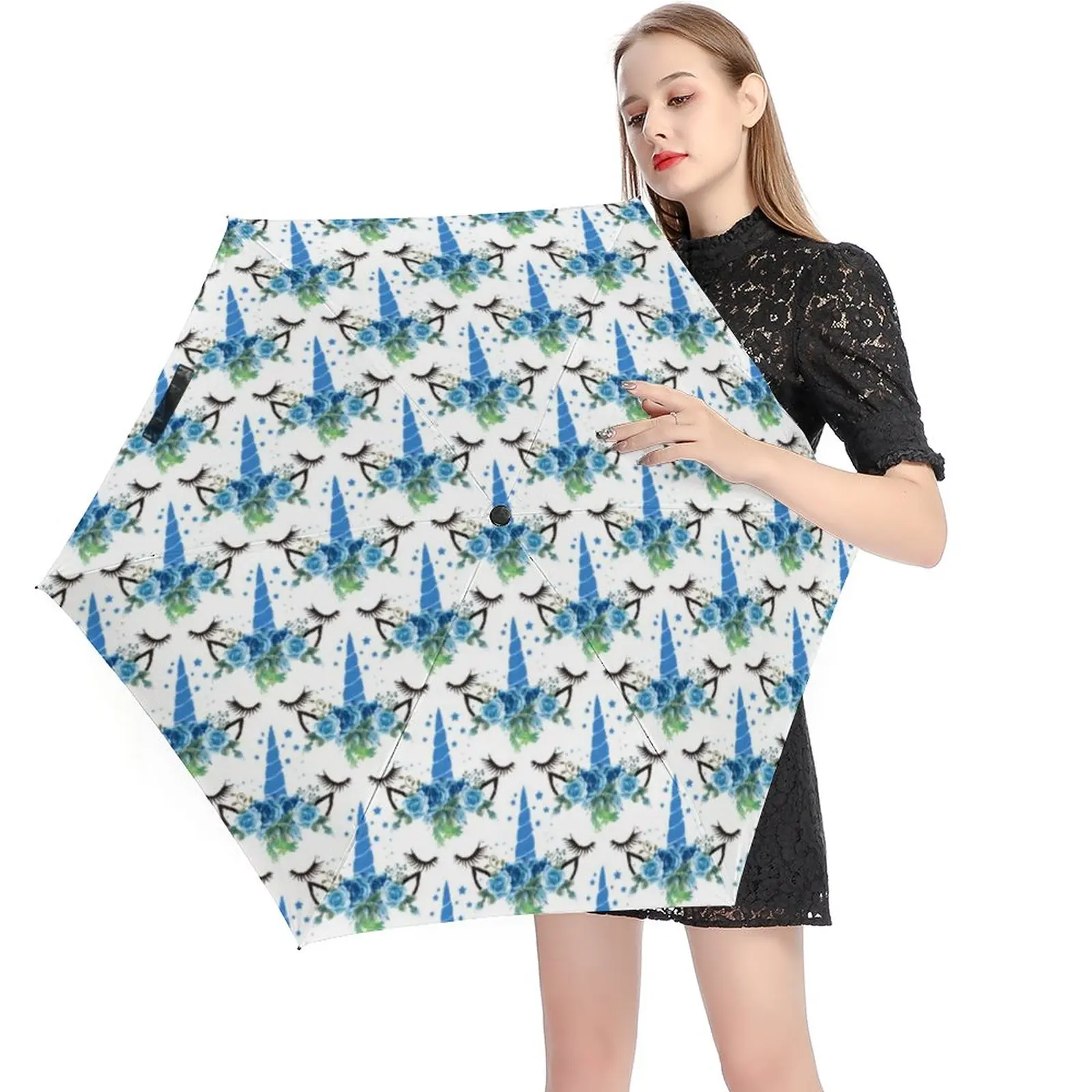 

Cute Unicorn Pocket Umbrella Blue Floral Headdress 5 Fold 6 Ribs Umbrella Mini Windproof Umbrellas for Male Female