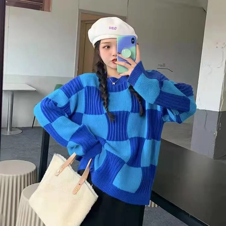 

Женский пуловер в шахматную клетку, пуловер контрастных цветов в Корейском стиле на осень и зиму, QWO4, новинка 2022