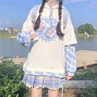 patchwork kawaii splicing pullover full sleeve cartoon printed loose hooded sweatshirts japanese kawaii soft girl sweety shirts
