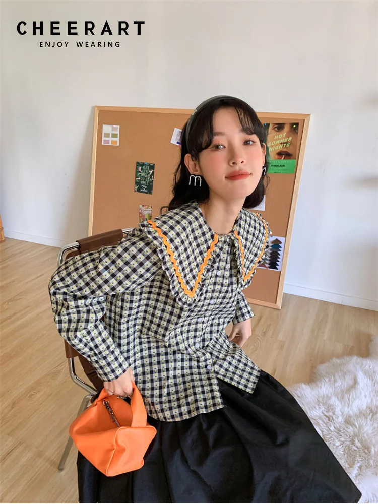 

CHEERART, винтажная Весенняя коллекция 2022, женская модная рубашка в клетку с цветочным рисунком и рукавами-фонариками, матросский воротник, топ на пуговицах с длинным рукавом и блузка