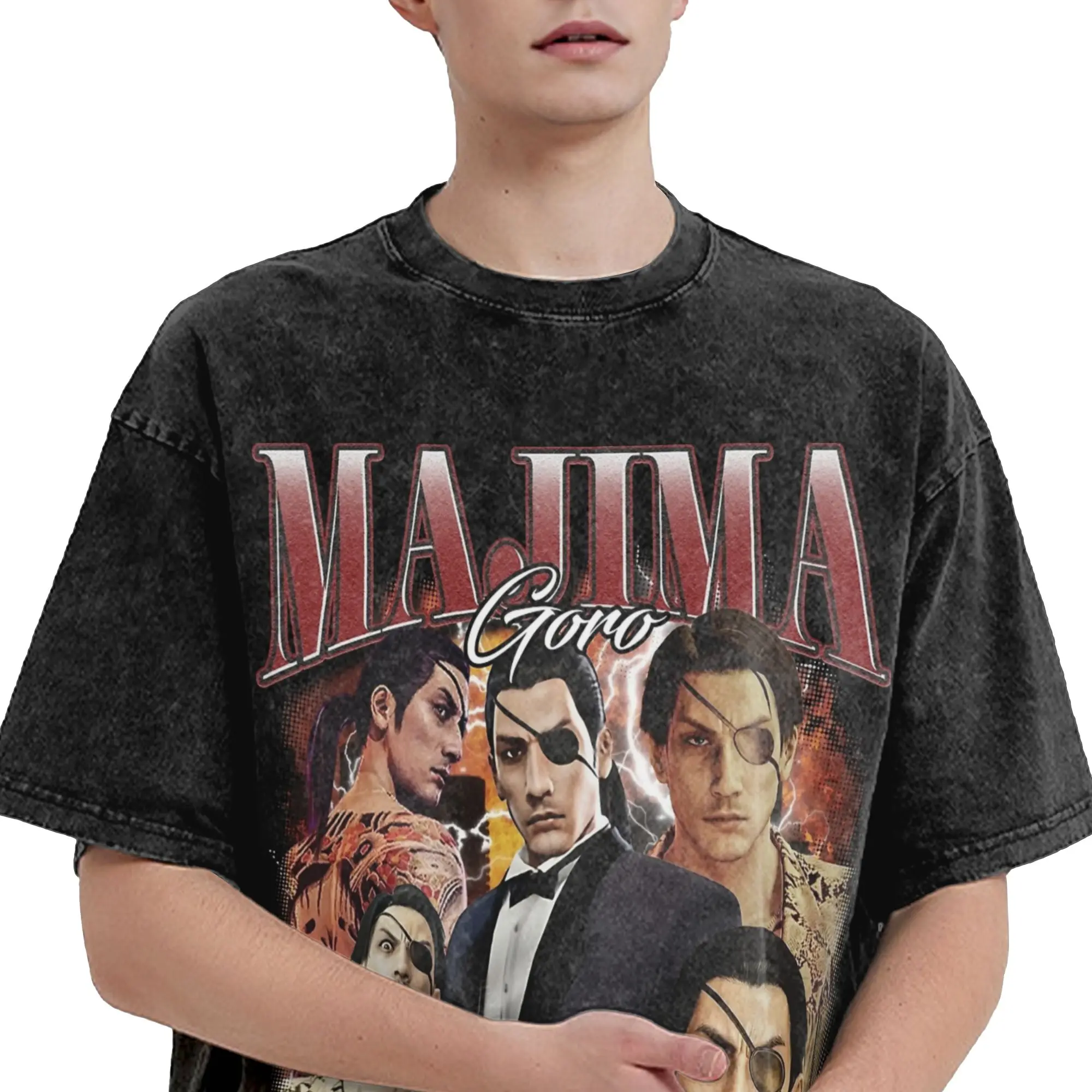 Фото Футболка с эффектом потертости Majima Goro Yakuza в стиле хип-хоп ретро, уличная одежда в стиле Харадзюку, летние топы с коротким рукавом для мужчин и женщин №4