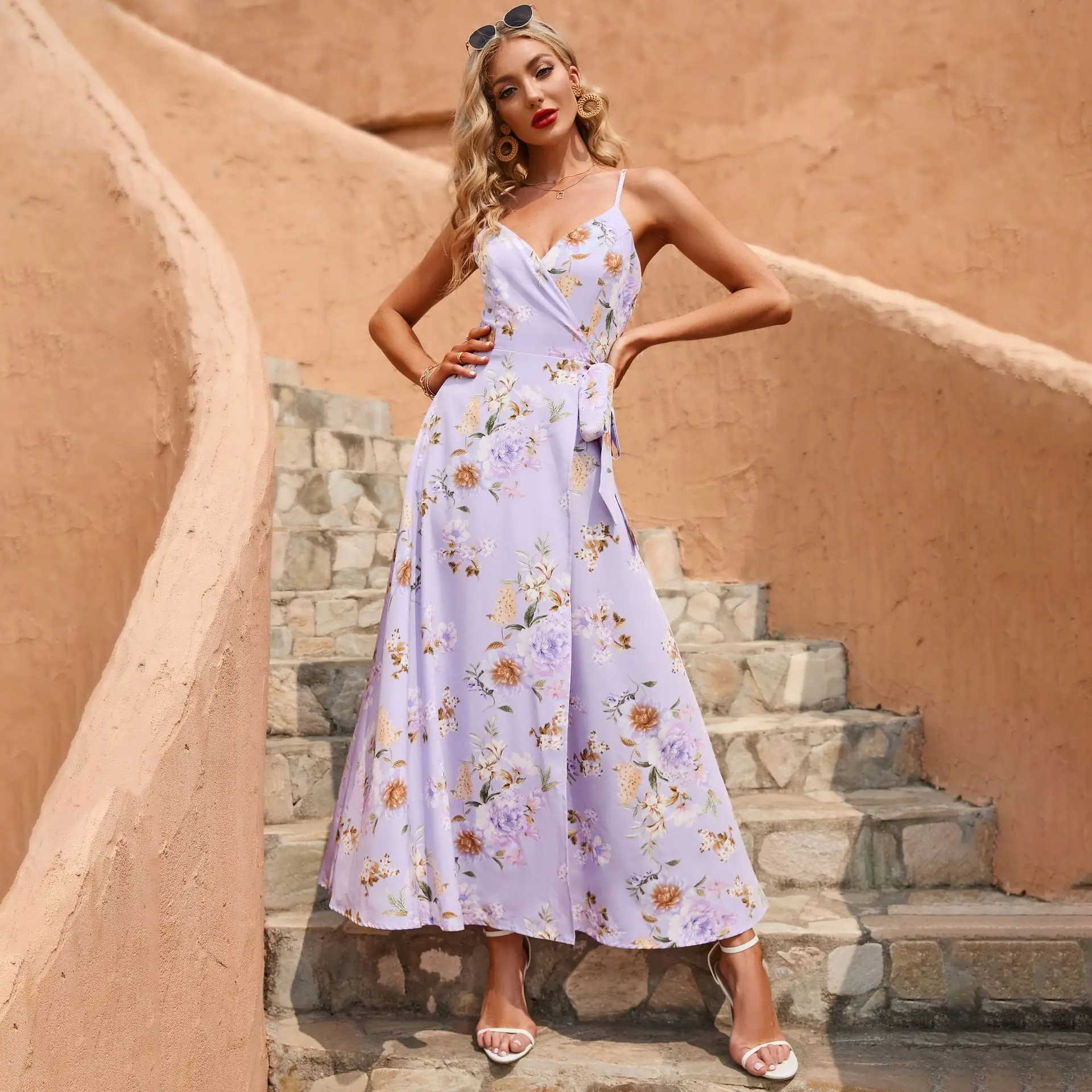 

Sexy V Neck Satin Evening Lilac Dresses Spaghetti Strap Side Slit Prom Dress High Waist Evening Gowns Party Dress Robe De Soiree