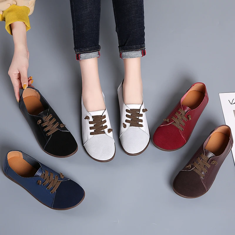 

Leather Shoes Woman Spring Ladies Shoes Slip On Flats Lace Up Sneakers Women Oxford Shoes Plus Size 35-43 Ballet Moccains