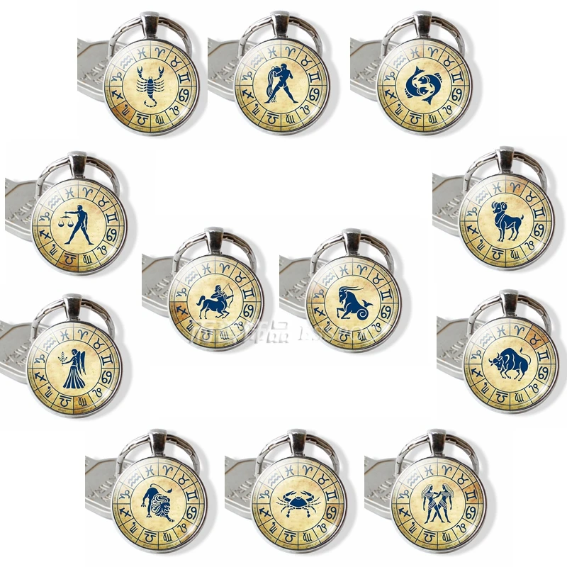 

12 Constellation Pisces Aries Taurus Leo Pendant Jewelry Zodiac Sign Key Chain Keyring Glass Dome Keychain Birthday Gift