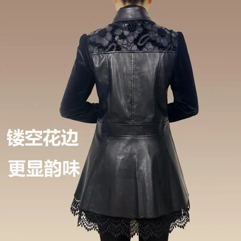 Leather coat 2023 new women's long PU stitching waist show thin hollow lace spring and autumn coat enlarge