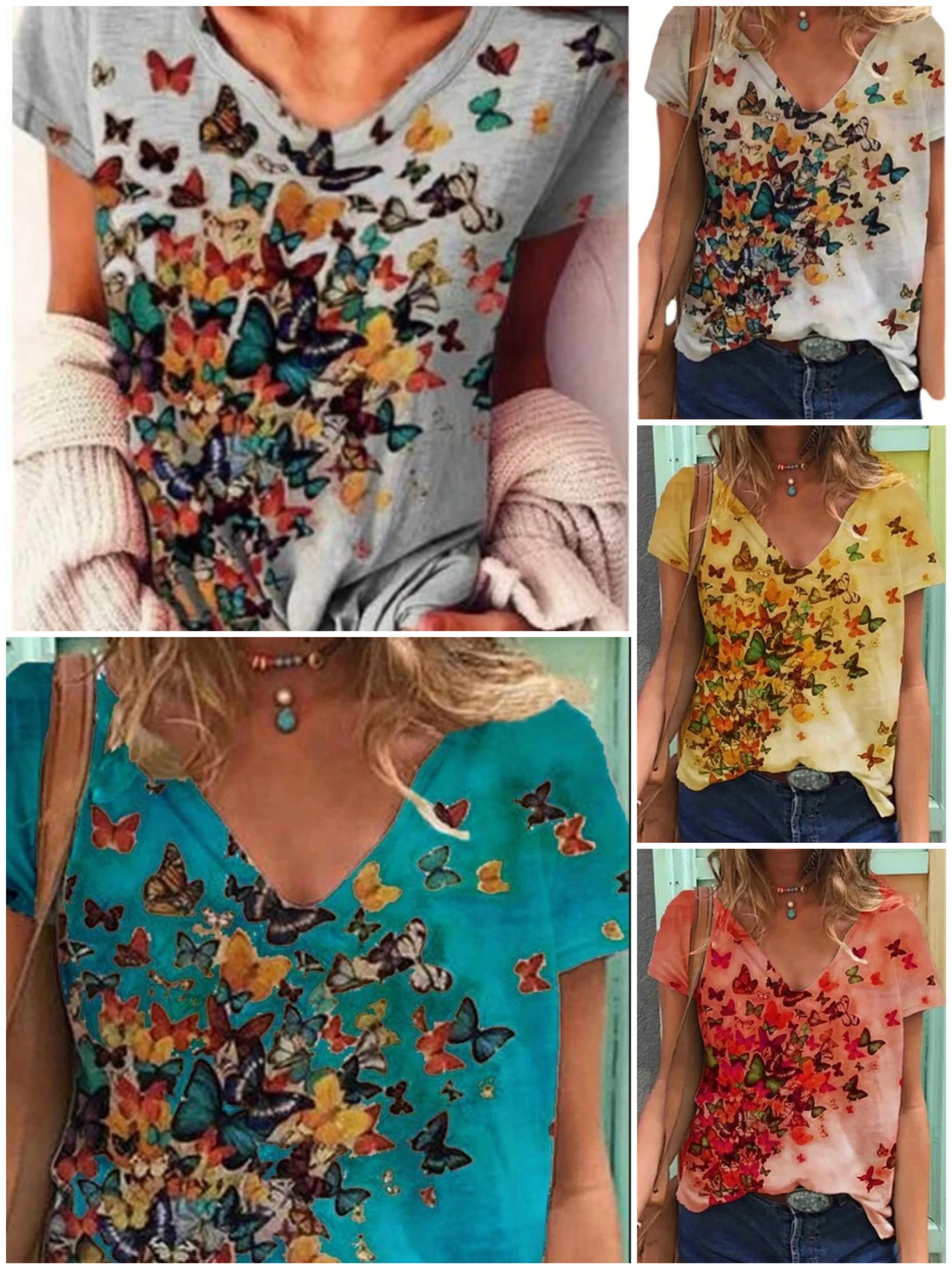 

2022 new European and American style women's short-sleeved butterfly print tie-dye loose casual T-shirt beach summer cool fabric