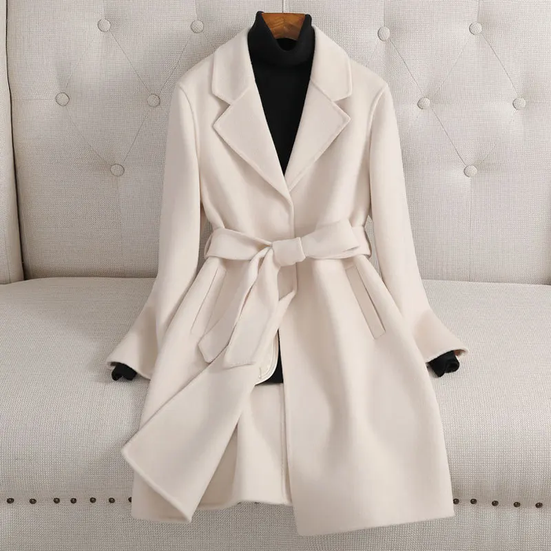 

2022 Autumn Winter Wool Cashmere Coat Female Fashion Casual Turn-down Collar Casual Coats for Women Trench Coat With Belt Black