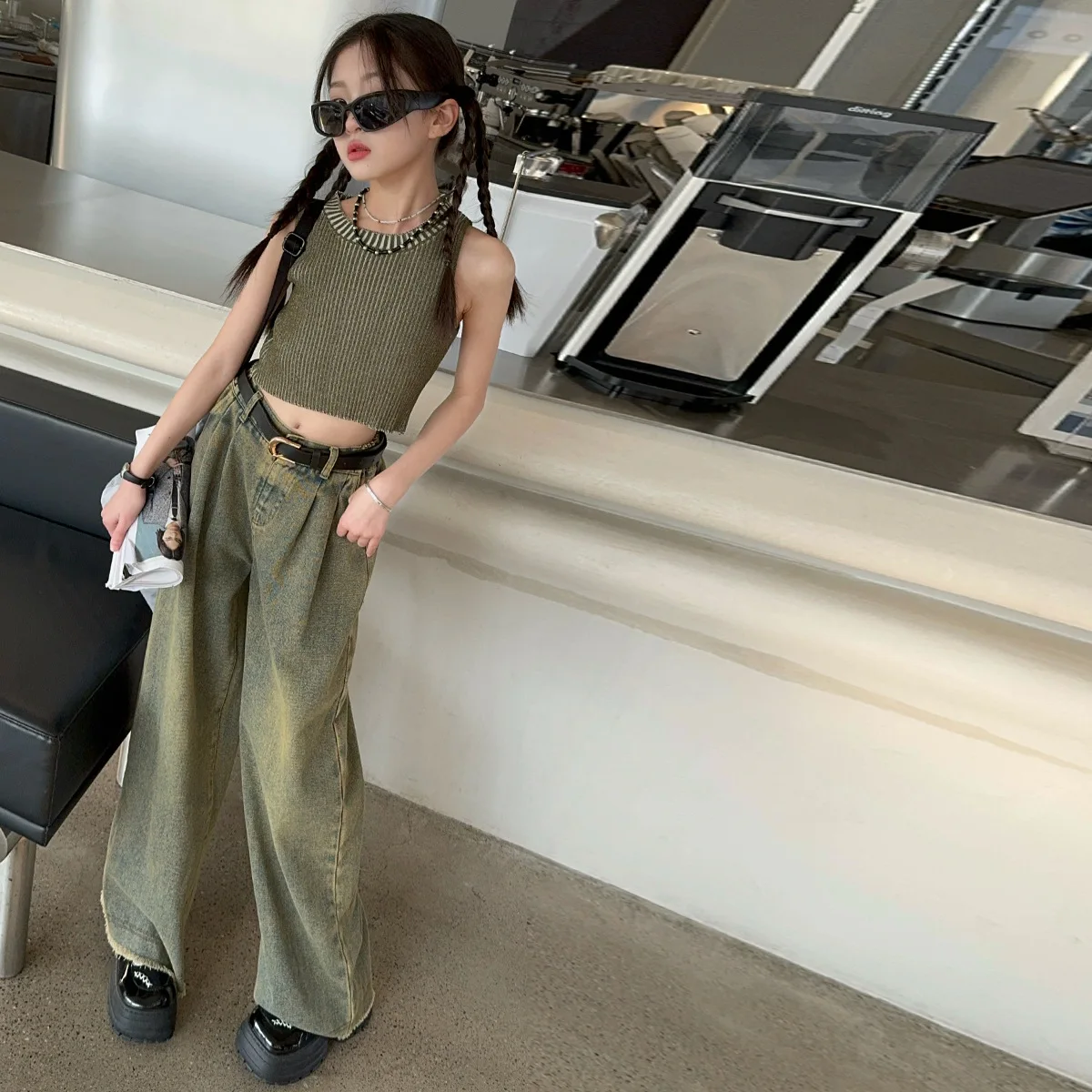 Костюмы для девочек Новинка весна-осень 2024 Трикотажный жилет в Корейском стиле